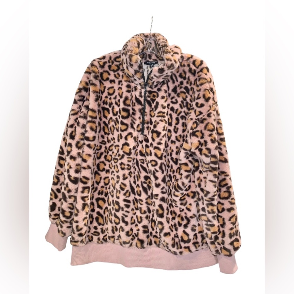 MITTOSHOP pink cheetah fur 1/2 zip pullover jacket women’s size Large 10 12